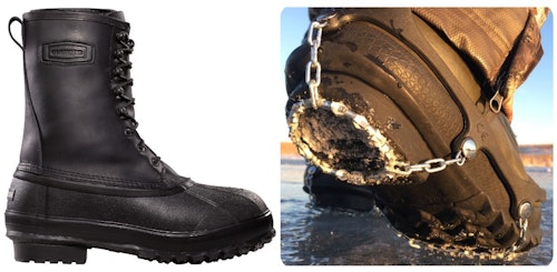 LaCrosse Iceman boots will keep your feet warm and dry in the worst hunting conditions imaginable. The author wears his pair ice fishing, too, often with the Yaktrak Diamond Grip system (right) for sure footing on glare ice.