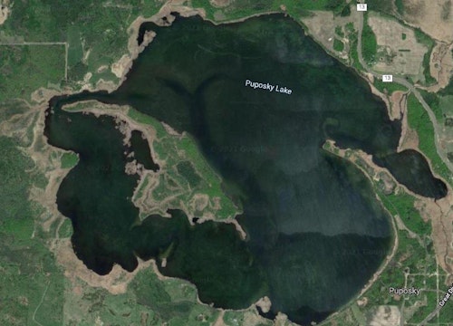 Lake Puposky in north-central Minnesota. Dan, John and Erik were hunting off the large island on the east (right) side.