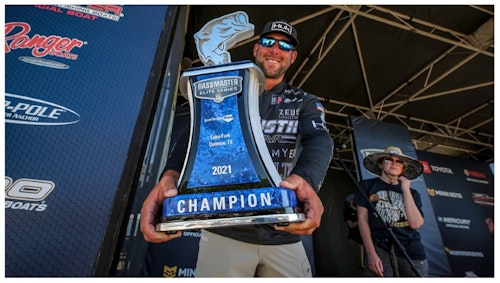 Lee Livesay celebrates his Bassmaster Elite victory on Lake Fork, Texas, where he guides full-time for largemouth when he’s not traveling the country fishing B.A.S.S. tournaments.