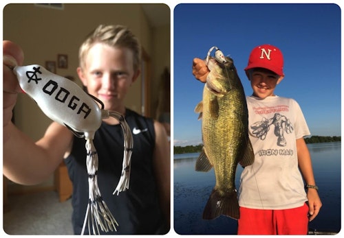 Many diehard bass anglers modify their topwater frogs, but no one does it like the author’s youngest son Luke. On this frog, Luke used a marker to add the name of his goldfish — Ooga — which he had at age 4, as well as the Christian fish symbol. As you can see in this pic from 2016, it’s deadly.