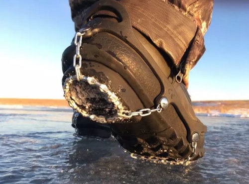 XXL Yaktrak Diamond Grip cleats on the author’s size 10 LaCrosse Iceman pac boots.