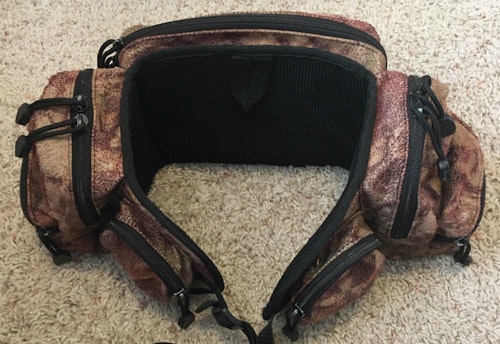 The author’s ancient fanny pack, given to him by Trebark Founder Jim Crumley. It has three zippered pockets on each side (two small and one medium) and one larger zippered compartment in the back.