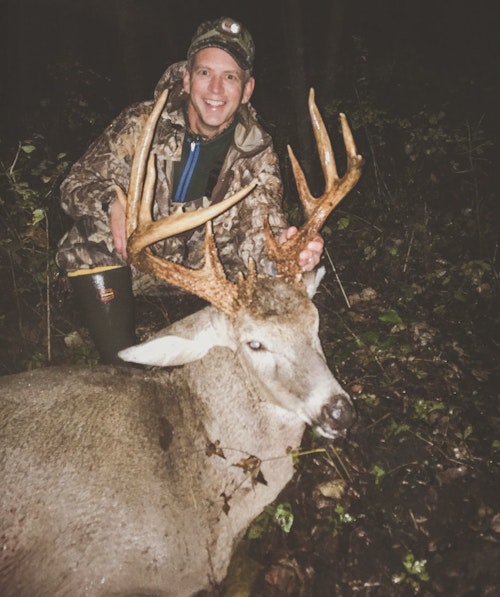 The author arrowed this mature buck in Kansas during a consistent drizzle. The buck ran only 80 yards after the arrow penetrated both his lungs, and blood was difficult to follow due to the rain.