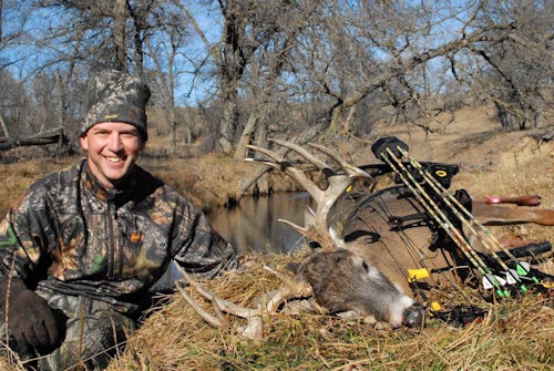 The first time the author, sitting butt on the ground in a pasture, used his fence-jumping bow-drawing trick he arrowed this mature buck as it approached a doe decoy.