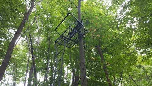 The author likes the wide seat and platform of a double ladder stand for hunting solo. No matter which direction he needs to shoot, with gun or bow, he can quietly move to a comfortable position.