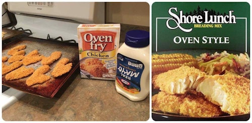 The author’s two favorite breading mixes for baking fish is Shore Lunch Oven Style and Oven Fry Extra Crispy Chicken. With either one, he likes to dip the cooked fillets in mayo.