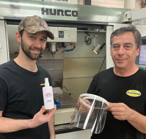 Pradco Fishing employees with hand sanitizer and face shields created in the company's lure manufacturing facility in Fort Smith, Arkansas.