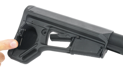 Magpul's ACS buttstock is lockable in six positions, offers several sling attachment points and has a small trapdoor storage compartment.