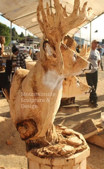 This sideview of Brandon’s impressive chainsaw carving shows the level of detail in the antlers. One slip of the chainsaw and this droptine buck would quickly shed his massive antlers!