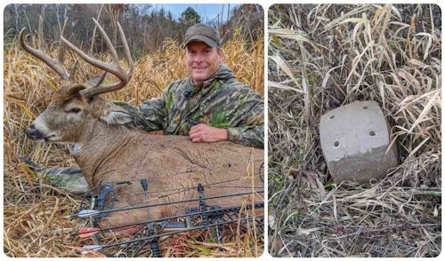 Shane Simpson with his 2021 Minnesota bow buck, which dislodged this GlenDel 3-D target core from its antlers shortly after the shot.