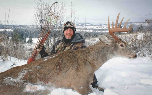This was the author’s first trophy buck after moving to northern Idaho, taken while still-hunting old-growth forest during a particular nasty winter storm. Wind and swirling snow allowed him to move into recurve range.