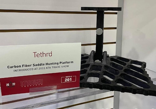 The Carbon Fiber Saddle Hunting Platform by Tethrd won the gold New Product Launch Showcase Award for products introduced at the ATA Trade Show.  