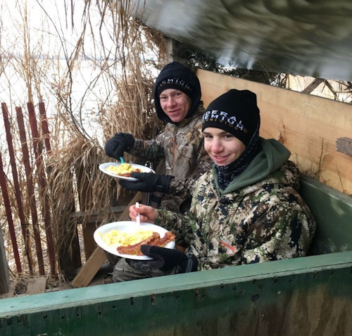 Brunch in the blind (Ty left, Elliott right), and nothing tastes as good as bacon with scrambled eggs.
