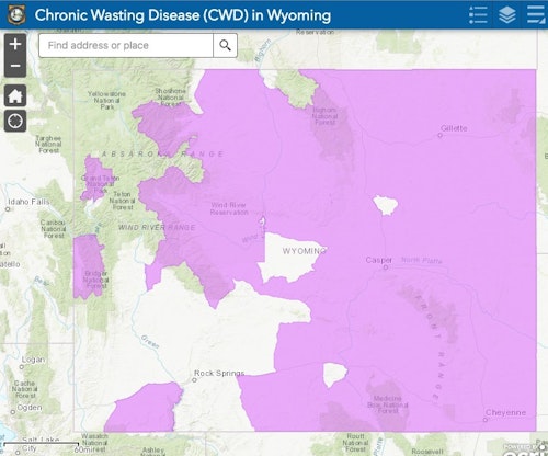 As shown in purple in the above map, CWD is widely distributed across Wyoming. The disease is fatal to deer, elk and moose.