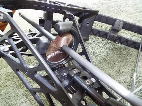 Gearhead’s X16 Tactical crossbow included a dependable Whisker Biscuit arrow rest that elevates the shaft above and off the rail. (Photo by Steve Carpenteri.)