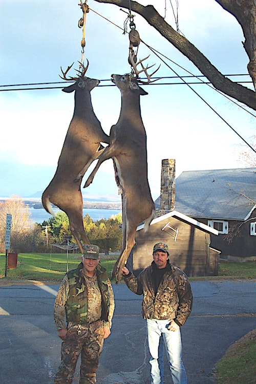 A few years ago, Pat Salerno shot a 12-point buck at 4:15 p.m. by hiding by a tree and using the grunt tube with calls spaced 25 seconds apart. Usually they head out of the woods in the dark guided by flashlight and compass, but occasionally they will carry small tents to stay overnight.