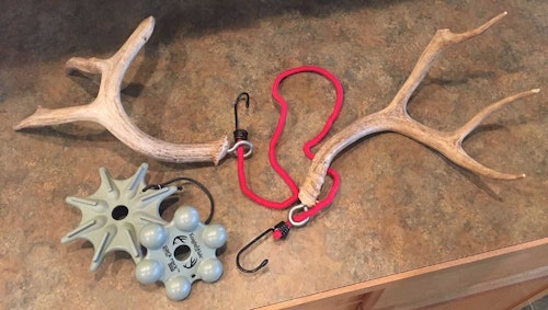 The author’s favorite set of rattling antlers are two sheds, one from a whitetail (left) and one from a muley (right). Rigging them on a bungee cord makes it easy for hanging over a branch, as well as strapping around his waist like a belt for carrying. Also shown is the author’s Knight and Hale Rack Pack device, which he uses during times when bucks are sparring, not fighting.