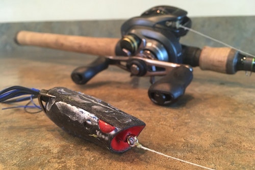 Tools of the trade. You need a heavy-power, fast-action rod, dependable long-casting reel, strong braid and a top-notch frog to hook and land frog fish. The frog shown above, a SPRO Bronzeye Pop 60, has caught dozens of bass, plus numerous pike, and it’s still going strong.