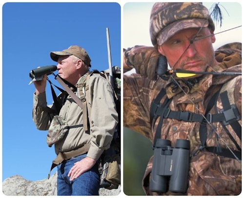 The elastic straps of a harness allow a binocular to slide up and flex out when glassing (left). When the bino isn’t being used, the harness holds it securely against your chest (right).
