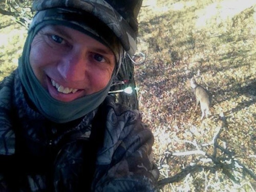 South Dakota buck selfie: The buck shown in the photo at the top of the page was so intrigued by the author’s snort/wheeze call that the 4x4 wouldn’t leave the area for several minutes, allowing the author to snap a bowhunter-with-buck selfie.