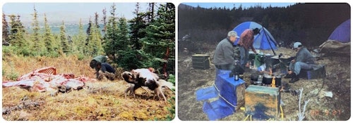 Left: Butchering the author's BC moose. Right: Preparing to feast on backstraps from the author's moose over an open fire.