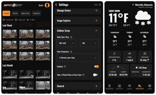 The SpyPoint app is the command center for using the Flex cellular trail cam. Via the app, you set your camera settings and choose how often it transmits images to your phone. The app also has helpful weather and mapping information.