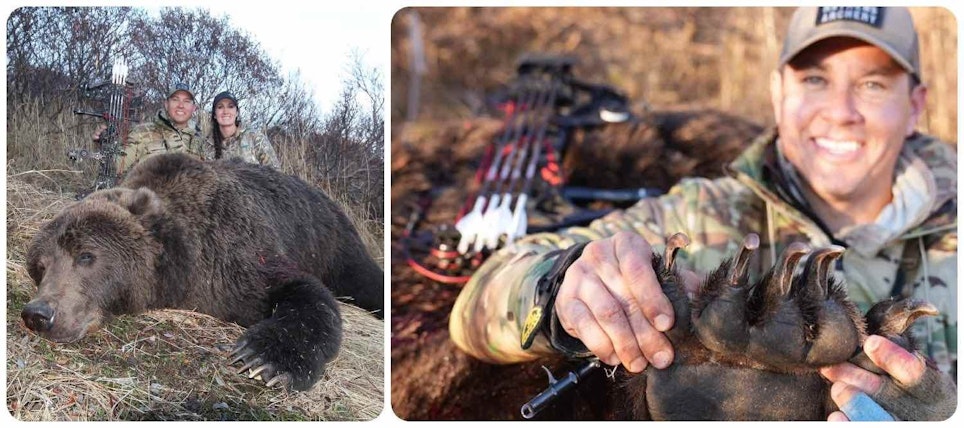 Ben Bearshield and Melissa Bachman with Ben’s monster brown bear.