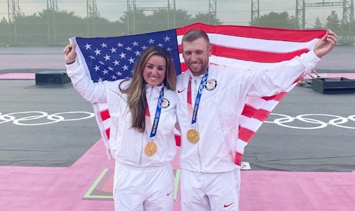 Women’s and Men’s Skeet gold medalists: Amber English and Vincent Hancock.