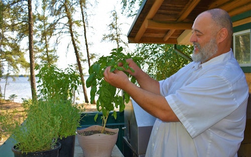 Chef Costantini with herbs brought to Aikens from Italy.