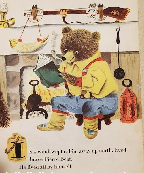 The first page from Patricia Scarry’s “Pierre Bear.” The illustrations were drawn by Patricia’s husband, Richard.
