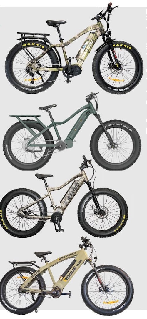 Top-notch e-bikes for hunters include (top to bottom) the BakCou Mule, QuietKat Apex, Rambo Bushwacker and Rogue Ridge RG1000.
