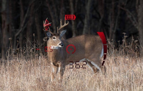 Depending on lighting conditions, the Bushnell Fusion X rangefinding binocular displays readouts in either black or red.