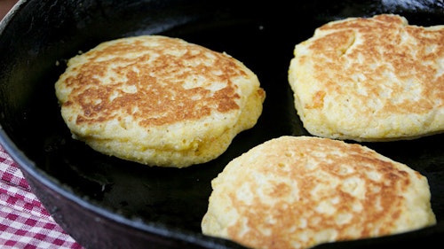The texture of a hoecake is quite different than the texture of cornbread baked in the oven. It's less cakey and more buttery. Photo: Betty Crocker 