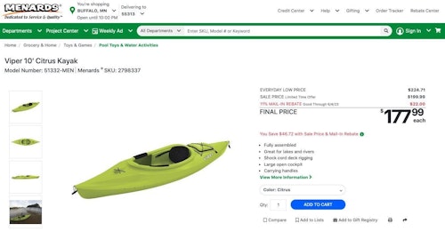 Menards sells the Sun Dolphin Aruba under the name Viper; the author purchased it on sale, plus received a store rebate of 11 percent.