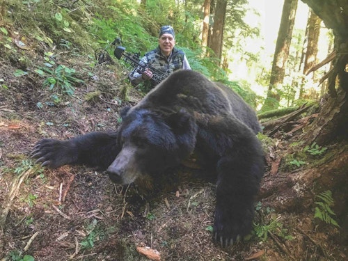 Hunting with Master Guide Scott Newman and assistant guide Craig Bisson, Lee Franklin arrowed this gorgeous Southeast Alaska brown bear that squared 8 feet, 6 inches — at only 12 yards!