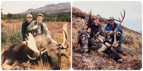 The author (right) and his guide with a mountain caribou from British Columbia. The author's dad (left photo) made a good shot on his BC moose.