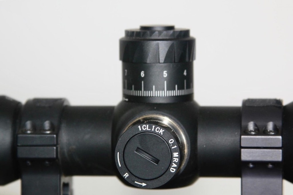 On the author's scope, click adjustments are made in MRAD, not ¼-inch as is the case with traditional American hunting scopes. That converts to roughly three clicks per inch instead of the four clicks per inch found on ¼-inch adjustment turrets. Photo: Bob Robb